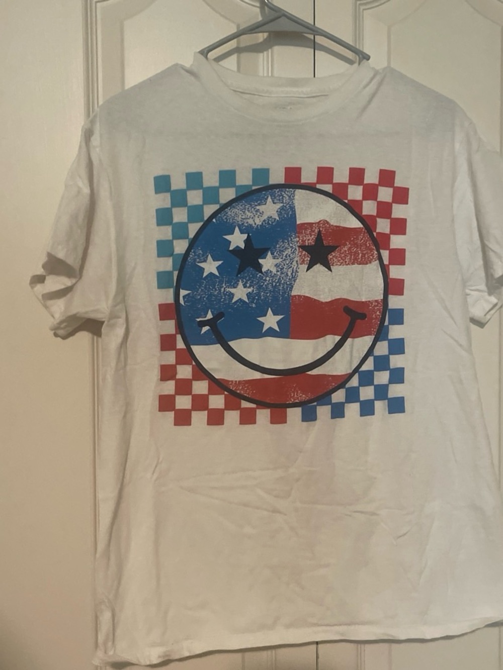 Sugar White Tee with Red & Blue Flag Smiley Graphic